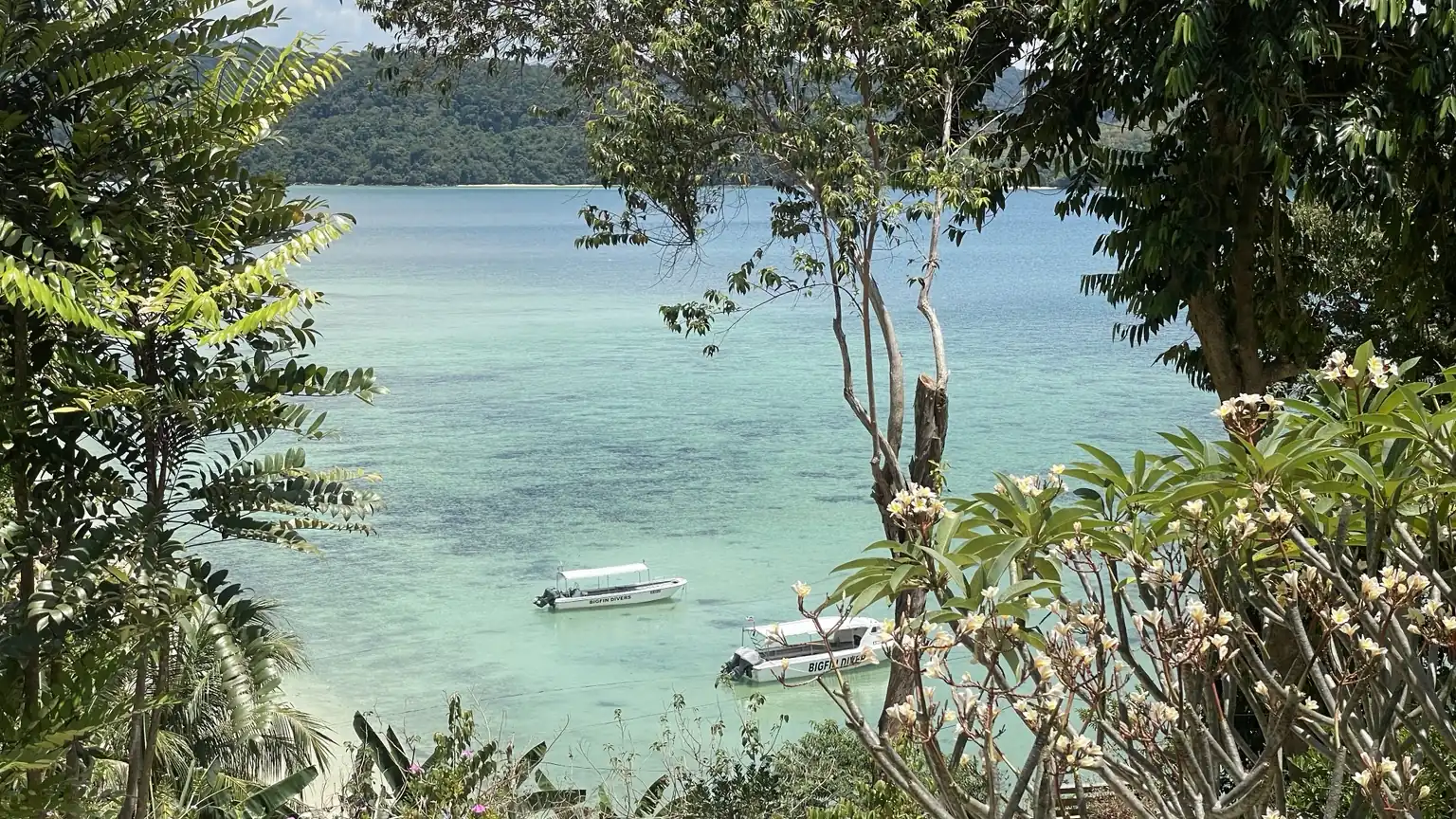 Türkisfarbene Bucht vor Borneo, eingerahmt von tropischen Bäumen und zwei kleinen Booten